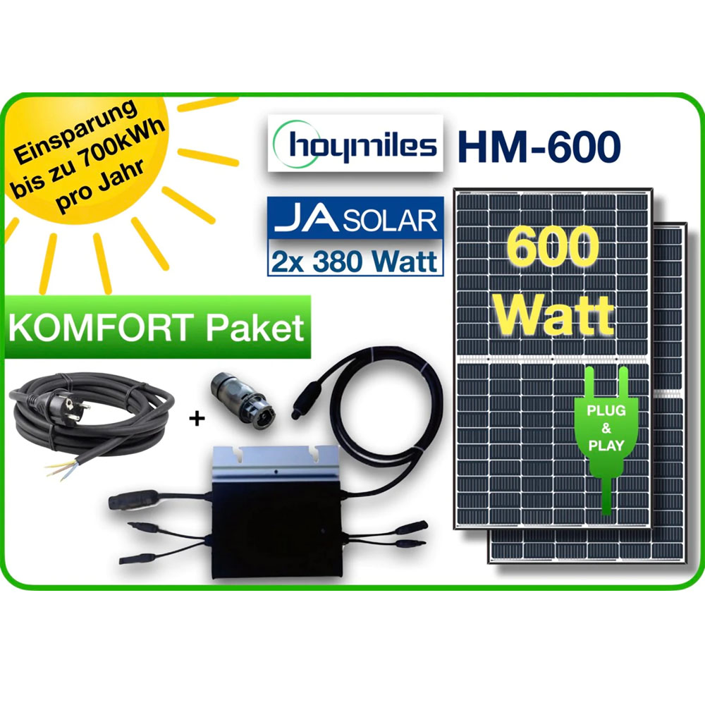 <strong>Balkonkraftwerk 760 W / 600 Watt Hoymiles HM-600 Set mit JA-Solar KOMFORT Paket</strong>